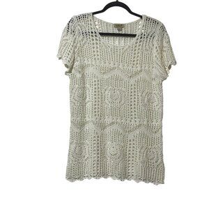One World Womens Size L Off White Short Sleeve Crochet Knit Top